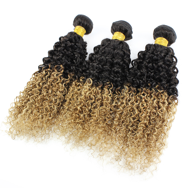 Gold Virgin Grade Ombre Peruvian Curly Hair Kinky Curly 3 Bundles Peruvian Virgin Hair Ombre #1B 10 Human Hair Extensions