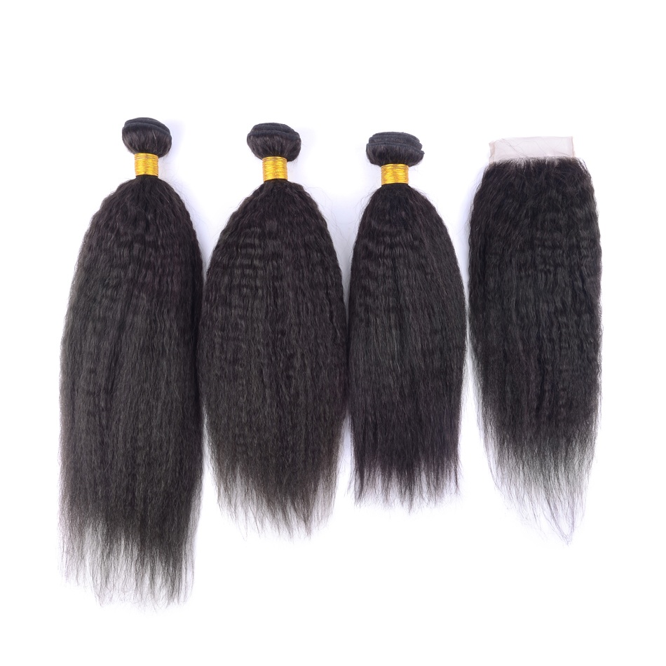 Silver Virgin Grade Human Hair Bundles With Closure Kinky Straight Indian Virgin Hair Extensions With Lace Closure